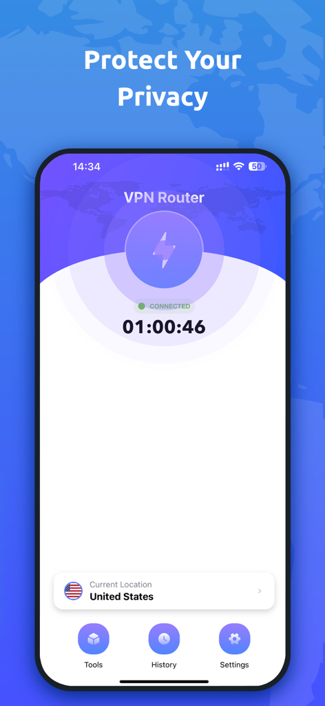 VPN Super -Fast & Secure - VPN Super app interface showing a secure connection to a United States server with the heading Protect Your Privacy