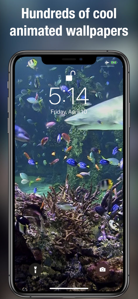 iPhone lock screen displaying a vibrant animated aquarium wallpaper with colorful tropical fish and a shark.