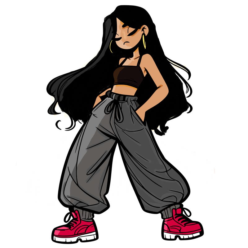 girl in baggy pants crop top and long hair