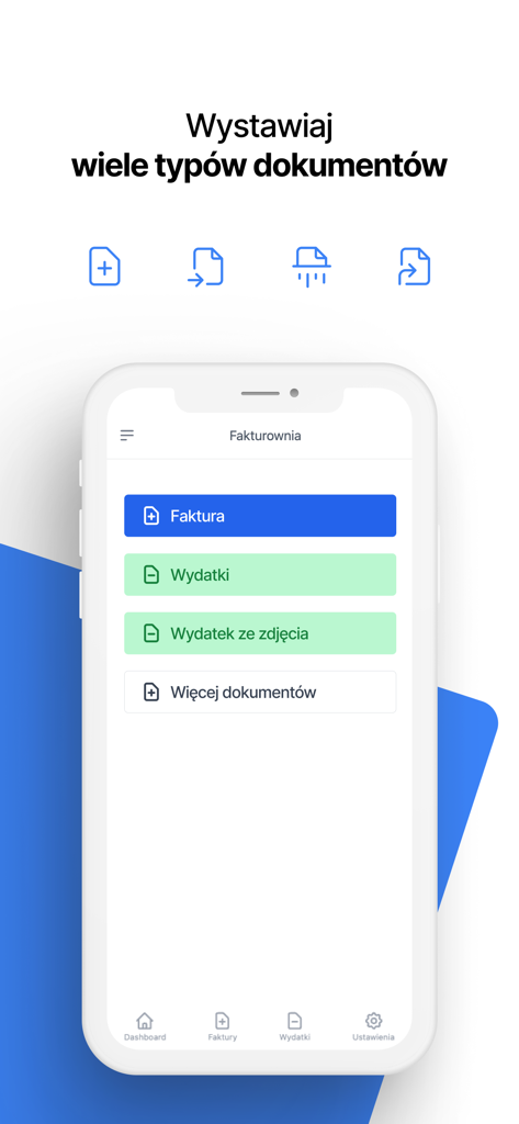 Mobile screen of Fakturownia app showing options for creating invoices and recording expenses from photos