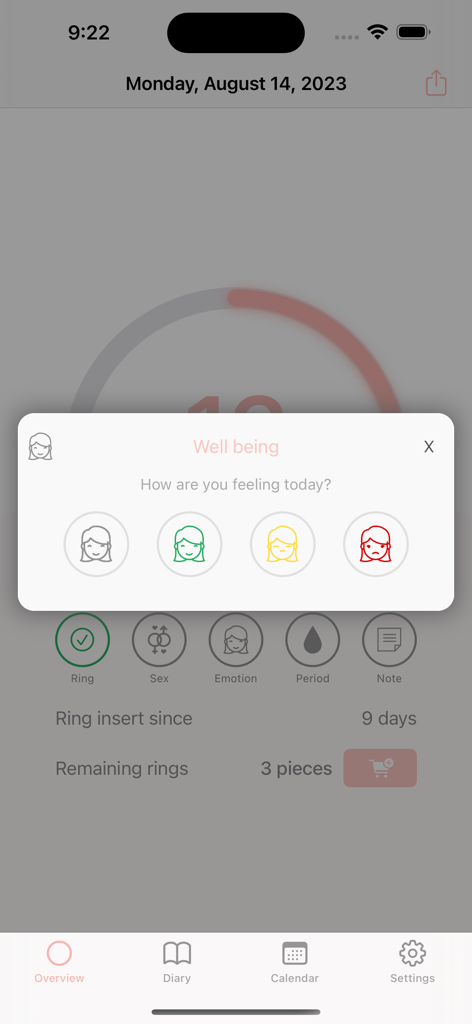Um pop-up de bem-estar no aplicativo contraceptivo MyRing para rastreamento de humor