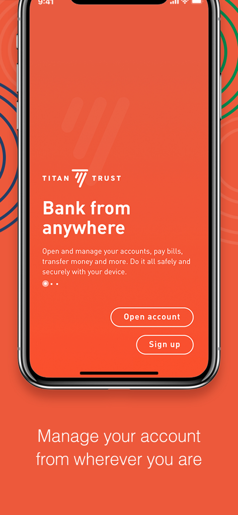 TITAN TRUST MOBILE BANKING - Titan Trust Mobile Banking app welcome screen on a smartphone featuring the slogan Bank from anywhere with options to open an account or sign up.