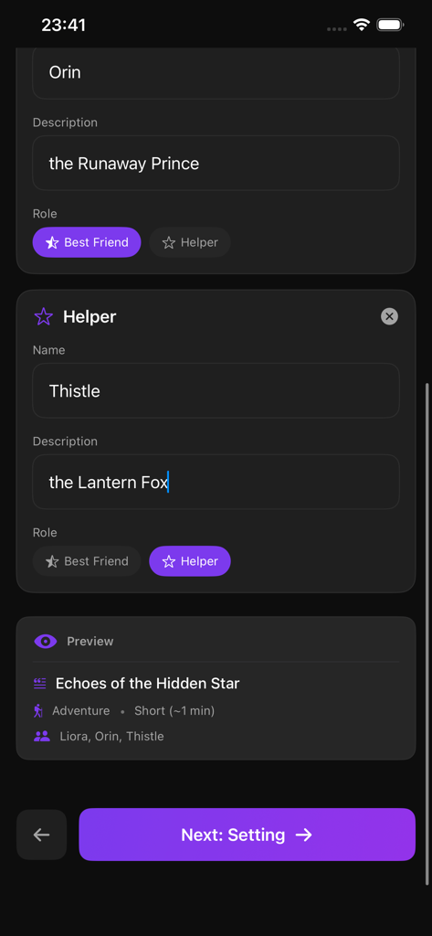 Interface of Little Story Maker app showing character customization with name, description, and role selection on a dark themed screen.