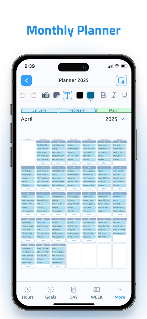 Digital Planner & Calendar Pro - Monthly planner view of the Digital Planner and Calendar Pro app showing April 2025 schedule