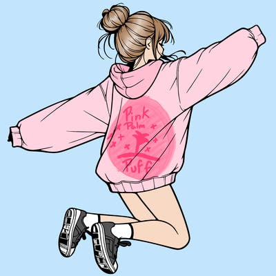 realistic girl jumping with a bun and oversized sweatshirt