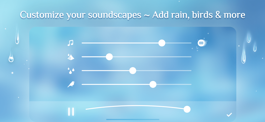 Rainy Sleep Rain Sounds HQ 3D - Interface of the Rainy app showing adjustable sliders to mix rain music and bird sounds for a personalized sleep environment