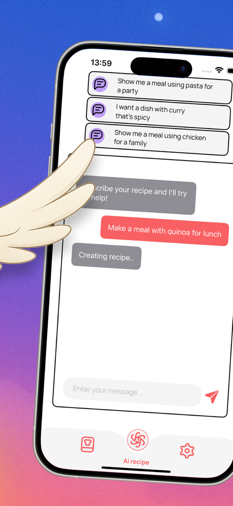 Сhеf Маstеr AI - Un écran de smartphone affichant l'interface de chat Chef Master AI avec diverses invites de recettes comme du curry épicé et du quinoa pour le déjeuner.