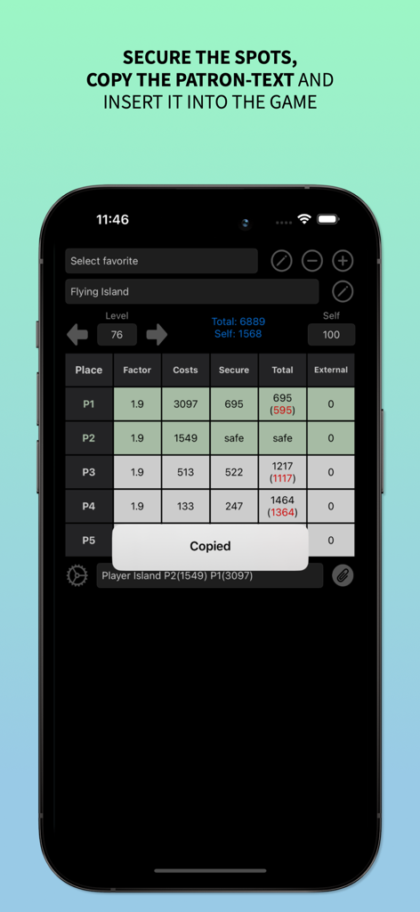 FOE Calculator - Interface of FOE Calculator app showing calculations for secure spots and copied patron text.