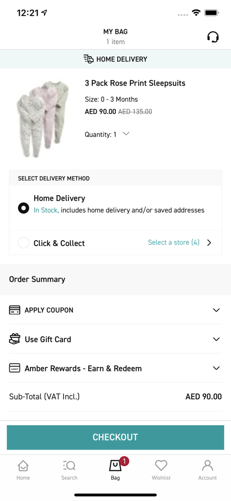 A shopping bag screen in the Mamas and Papas app showing a three pack of rose print baby sleepsuits and checkout options.
