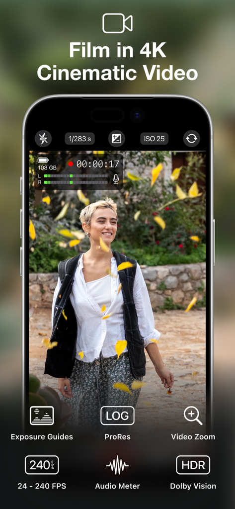 Pantalla del iPhone mostrando el modo de vídeo de la aplicación ProCamera con controles manuales y funciones de grabación 4K cinematográfica.