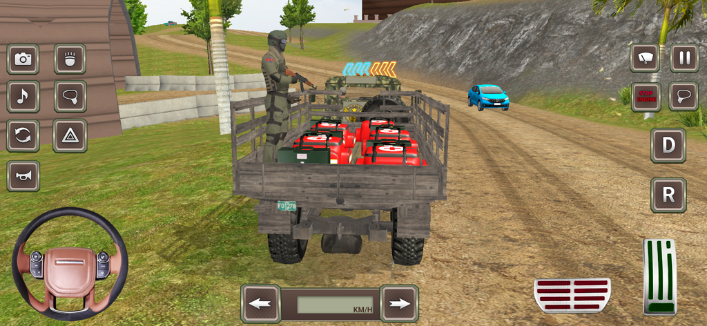 Army Truck Driving Cargo Games - Un camión militar gris transportando suministros médicos y un soldado por un camino de tierra en un juego de simulación de conducción