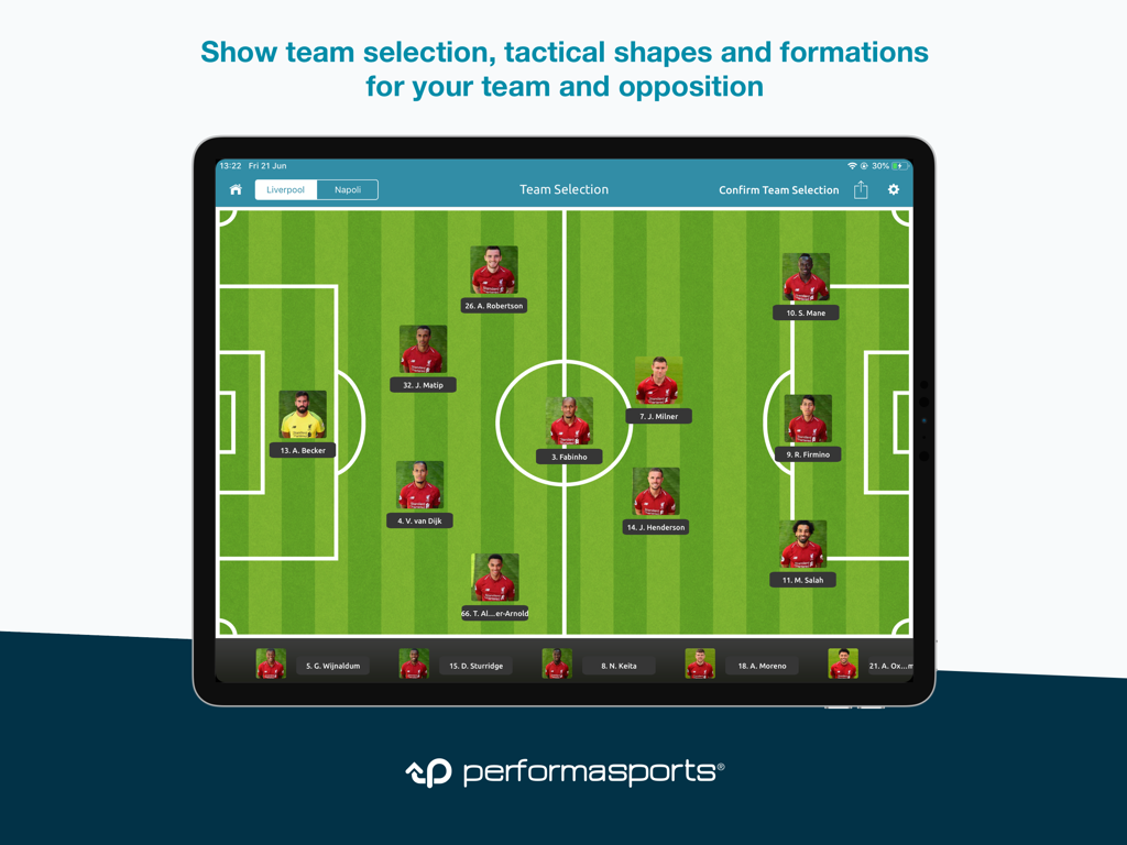 Performa Sports app showing a soccer team tactical formation and player selection on an iPad screen