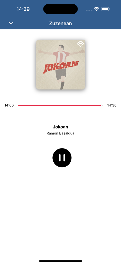 Bizkaia Irratia - Reproductor de radio en directo de la aplicación Bizkaia Irratia que muestra el programa deportivo Jokoan con Ramon Basaldua