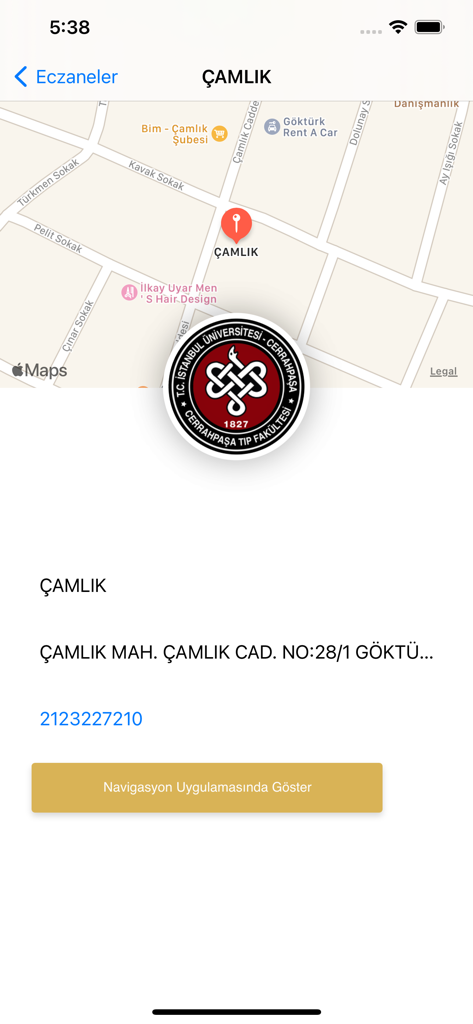 Map and location details for IU-Cerrahpasa hospital