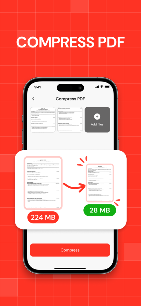 Interfaz de aplicación móvil mostrando la reducción del tamaño de archivo PDF de 224 MB a 28 MB.