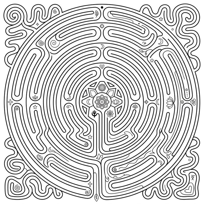 Embark on a journey of calm with this exquisite labyrinth coloring page, designed to soothe your mind and ignite your creativity. Its complex circular paths and hidden symbols offer an immersive and meditative coloring experience for adults and teens.
