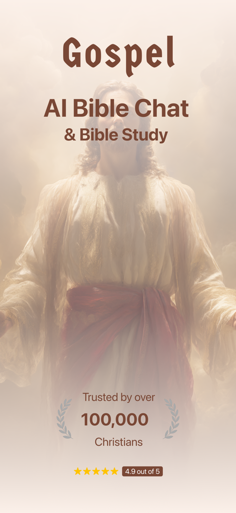 Pantalla de introducción de la aplicación Evangelio con Chat bíblico con IA y Estudio bíblico con una imagen etérea de Jesús y altas calificaciones de usuario
