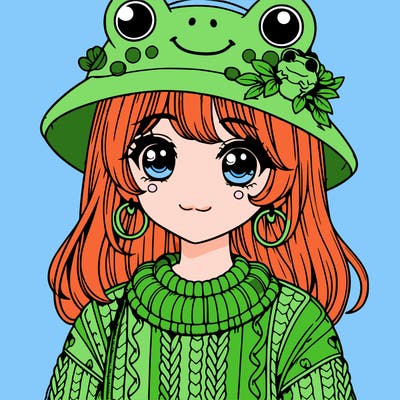 realistic girl wearing frog sweater and a frog hat with frog earrings