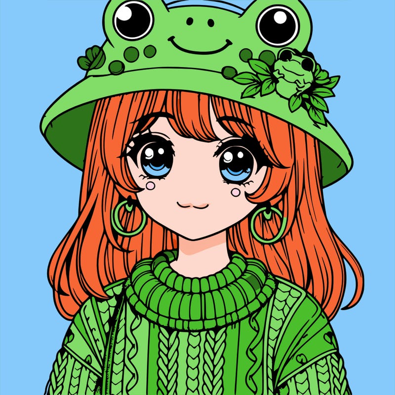 realistic girl wearing frog sweater and a frog hat with frog earrings