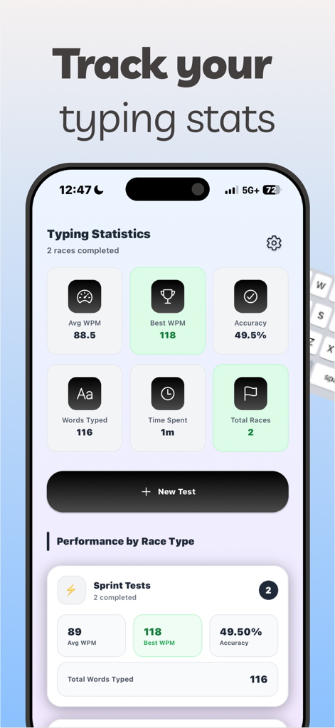 Type Speed: Typing Games Test - Dashboard view showing typing speed statistics like average WPM and accuracy