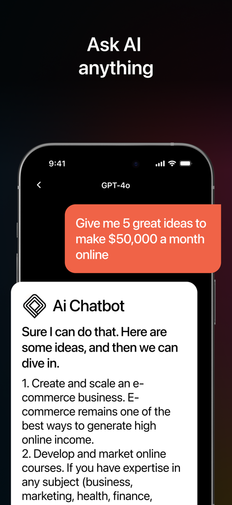Pixi AI 챗봇이 온라인 비즈니스 아이디어를 생성하는 것을 보여주는 iPhone 화면
