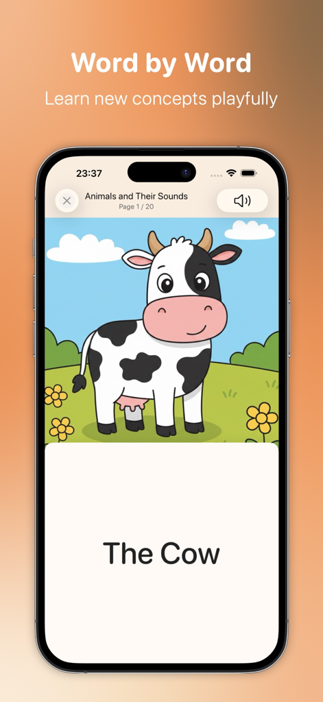 JOSY - Books for Every Child - La aplicación JOSY muestra el nivel de lectura Descubrir con una simple ilustración de una vaca y las palabras La Vaca.