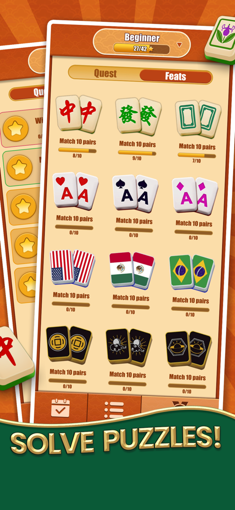 Mahjong Solitaire - Master - Pantalla del juego Mahjong Solitaire Master mostrando varias misiones de emparejar fichas y niveles de puzle.
