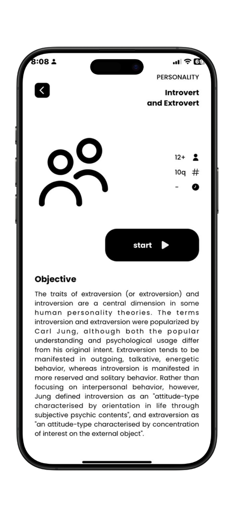 Personality Enneagram: IQ Test - 内向性と外向性の性格テストを示すモバイルアプリ画面。説明と開始ボタンが表示されます。