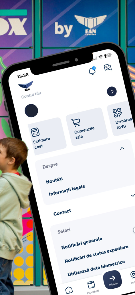 Benutzeroberfläche der FAN Courier Mobile App, die ein Dashboard mit Kostenschätzung und Tracking-Funktionen anzeigt