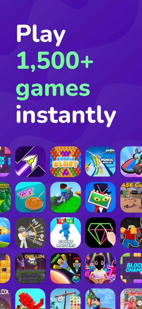 CrazyGames: Play 1500+ Games - Uma captura de tela da interface do aplicativo CrazyGames mostrando mais de 1.500 jogos disponíveis para reprodução instantânea com uma grade diversificada de ícones de jogos coloridos.