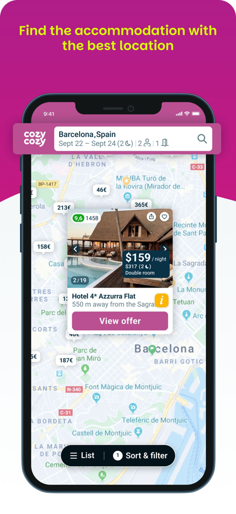 Cozycozy: ALL Accommodations - Cozycozy app interface showing a map of Barcelona with accommodation prices and a featured hotel listing