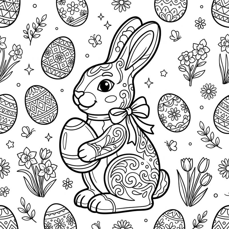 Get ready for a sweet coloring adventure with this charming chocolate Easter bunny. Surrounded by beautifully patterned Easter eggs and cheerful spring flowers, it's perfect for celebrating the season.