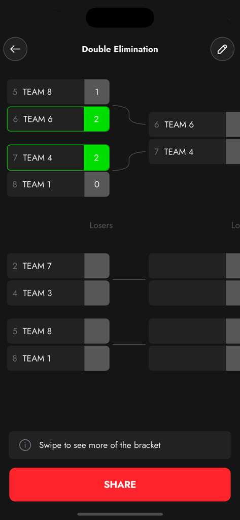 A mobile interface showing a double elimination tournament bracket with winners and losers sections.