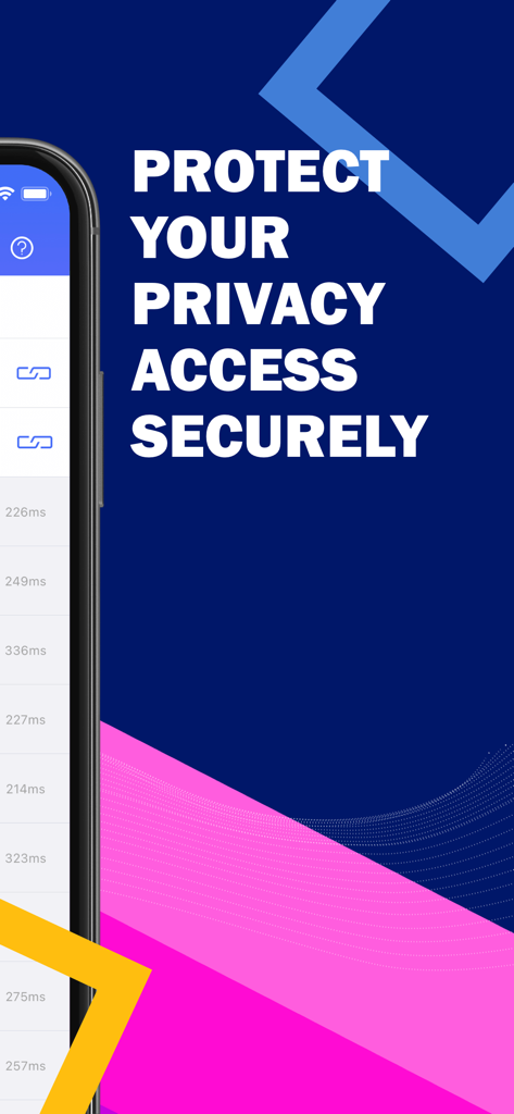 PlexVPN - Best Unlimited Proxy - PlexVPN mobile app interface showing a list of server pings with text promoting privacy and secure access