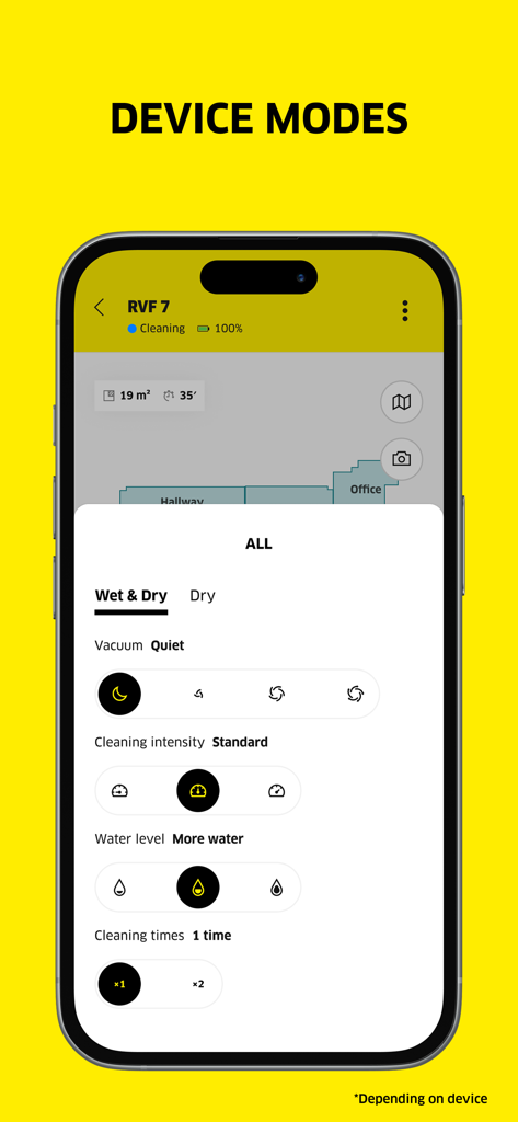 Kärcher Indoor Robots - Karcher Indoor Robots app showing adjustable device modes for suction power and water level settings.