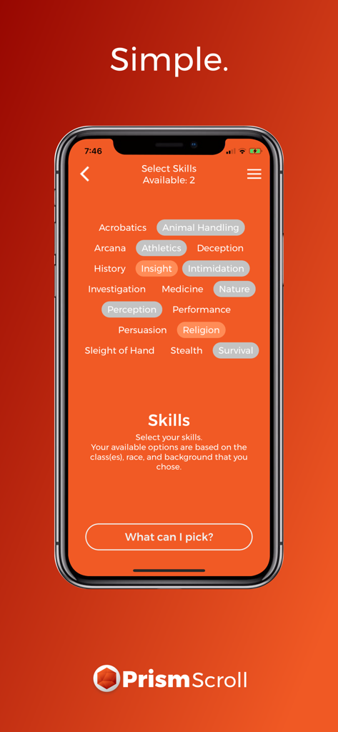 PrismScroll - Character Sheet - PrismScroll mobile app interface for selecting character skills