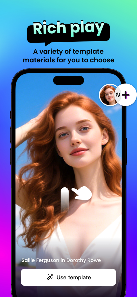 Interface of the SnapMe app showing a red-haired woman in an AI face swap template with a Use template button.
