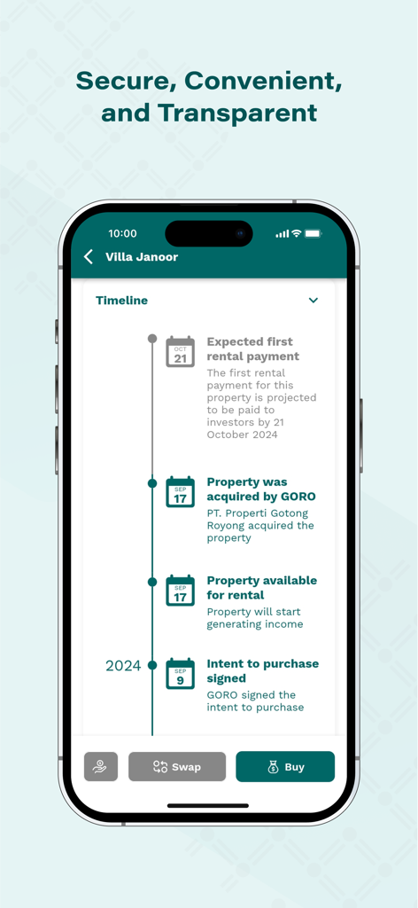 Mobile app interface showing a transparent property investment timeline for a villa including acquisition and rental payment dates.