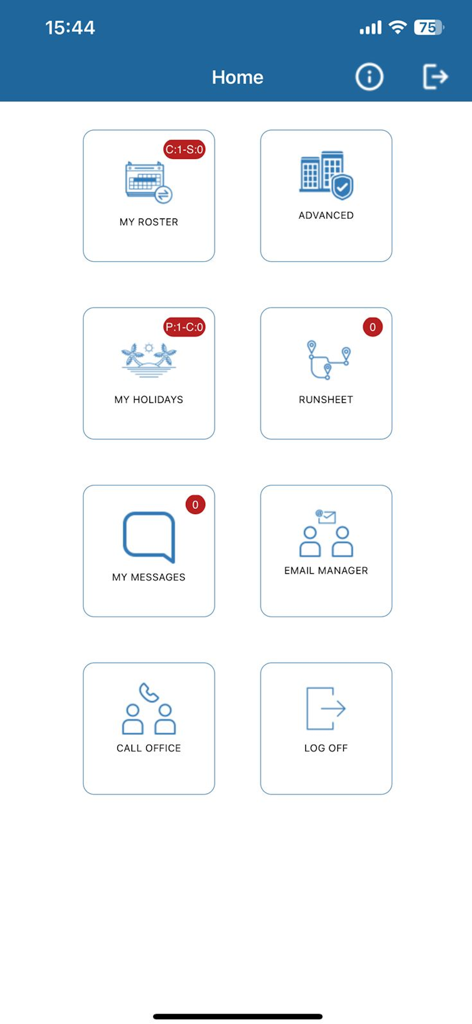 SmartTask Engage - SmartTask Engage mobile app home dashboard showing menu icons for roster holidays and messages