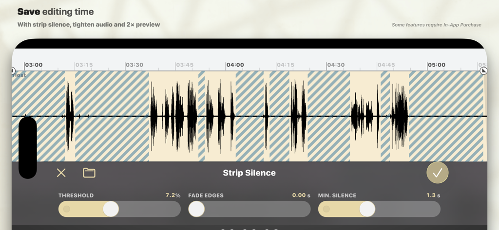 Ferrite Recording Studio - The Strip Silence feature in Ferrite Recording Studio app for automatic removal of silent gaps in audio recordings