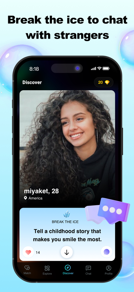 Interfaz de la aplicación de chat de vídeo KALLA que muestra la sección Descubrir con una indicación de rompehielos