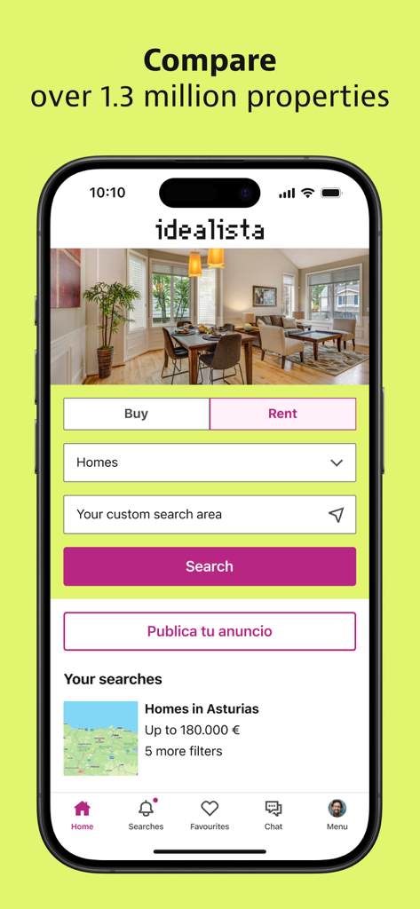 Home screen of the Idealista mobile app showing property search options and a recent search for homes in Asturias