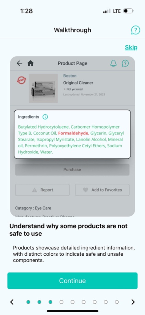 ACDS CAMP - ACDS CAMP app walkthrough screen showing product ingredient analysis with color coded allergens