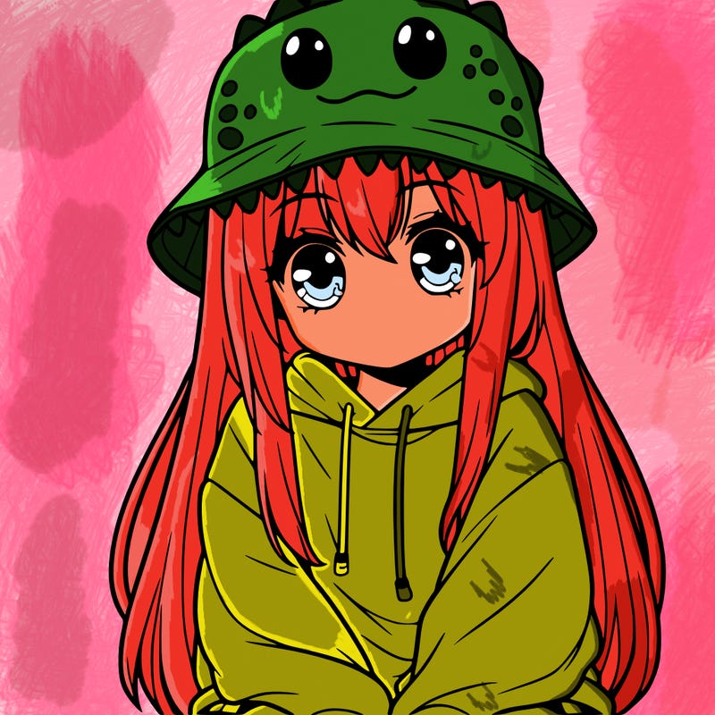 girl with anime shaped eyes with a dinosaur bucket hat oversized sweatshirt long straight hair