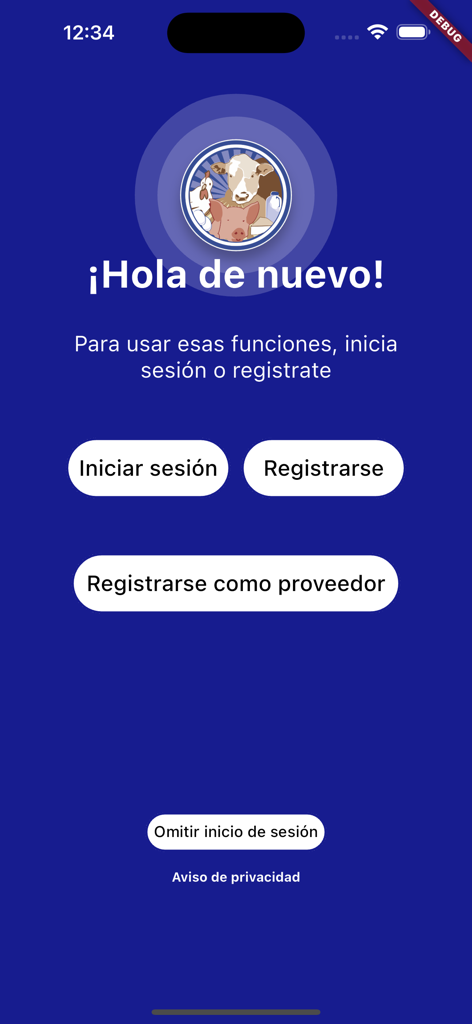 El Florido - Pantalla de bienvenida de la app El Florido con opciones para iniciar sesión, registrarse o omitir el inicio de sesión