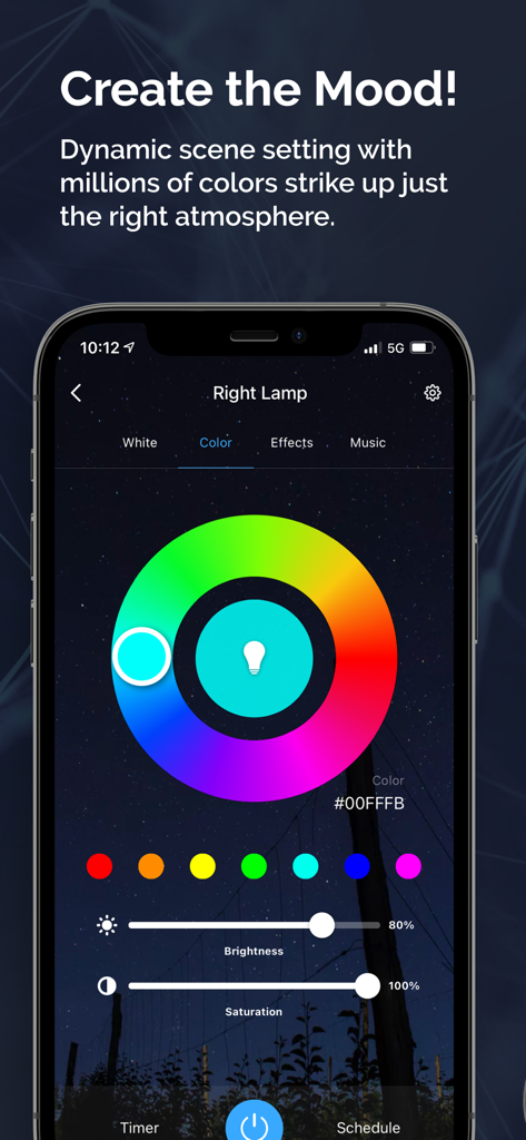 Starfish Smart Lighting app interface showing a color wheel for selecting millions of colors to create home atmosphere