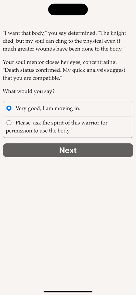 A screenshot of the text-based game Knight of the Fellowship showing a story scene with two interactive dialogue choices regarding a soul and a body.
