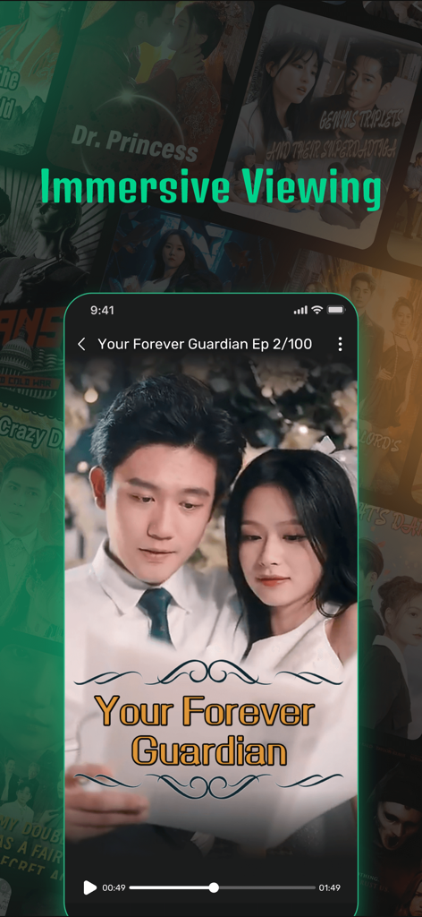 A smartphone screen displaying a scene from a short drama titled Your Forever Guardian with the text Immersive Viewing above it.