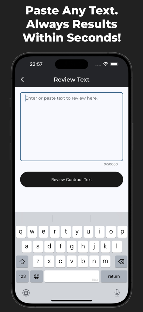 Clearsign: Sign Documents & AI - Mobile interface of Clearsign app showing a text field for pasting contract text for AI review