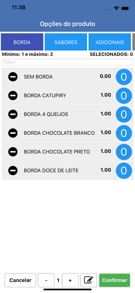 Saipos Garçom - 레스토랑 제품 옵션 및 크러스트 유형 선택을 위한 모바일 앱 인터페이스